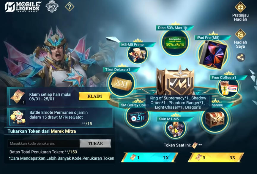 Kode Redeem Token M7 Gratis MLBB, Peluang Skin Prime dan EXP Tambahan di Event Pesta Cuan