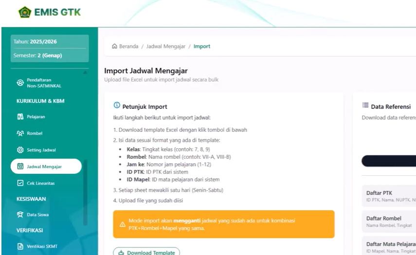 Cara Input Jadwal Mengajar dengan Import Template di EMIS GTK IMP 2026 Semester Genap